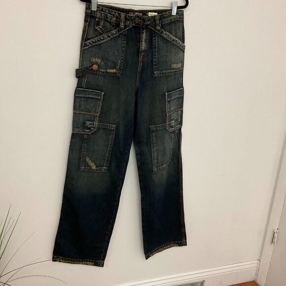 Y2k PHARD High Waist Denim Cargo Jeans Distressed Straight Leg Size 26 Blue - Picture 2 of 3